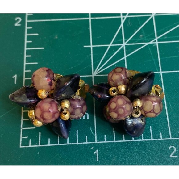 Mid-Century Cluster Earrings; Petite Purple Lampwork Beads and Black Disks - HON - Picture 6 of 6